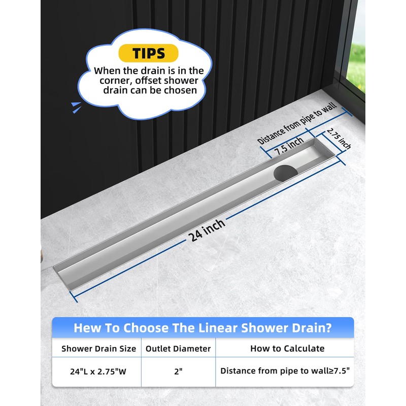 HTOH Shower Drain Offset for Bathroom: 24-Inch Brushed Nickel Linear