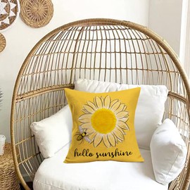Qinqingo Hello Sunshine Summer Decorative Throw Pillow Covers Sunflower Bee Farmhouse Yellow Square Pillow Coves for Outdoor Patio Sofa Bedroom Car 22x22 Inch