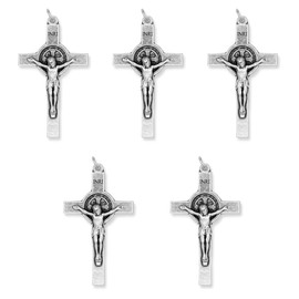 Caritas et Fides Pack of 5 - Saint Benedict Crucifixes (2.125", Silver Oxidized), Made in Italy - Crucifix for Rosary Making and Necklaces