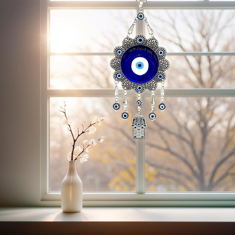Blue Evil Eye with Hamsa Hand Protection Hanging Ornament (With