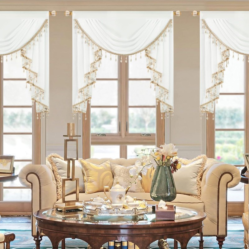 VOGOL White Sheer Valance with Shining Beaded, 39 Inches Wide
