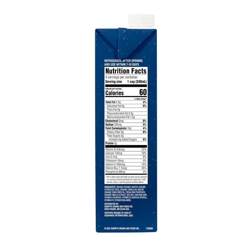 Rice Dream Organic Rice Milk Drink, Unsweetened Original, Vegan Dairy
