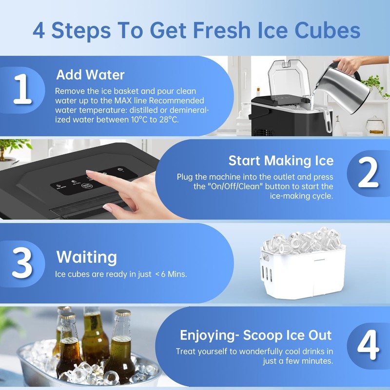 WIE Countertop Ice Maker with Handle, 26lbs/24H Portable Ice Machine,9