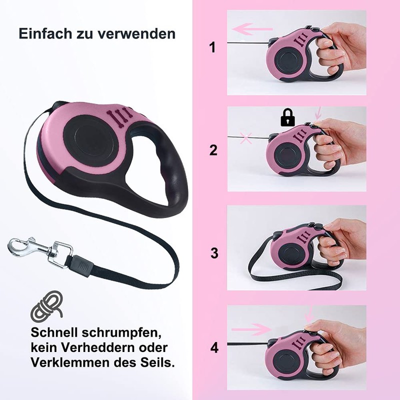 Retractable Dog Lead for Small, Medium and Large Dogs, Pink,