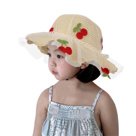 Straw Hat Kids Girls Toddler Sun Hat Cute Summer Wide Brim Beach Hat Anti-UV Lace Beach Cap Beach Hats Round Hat Summer Hat with Cherry Decoration Bow for Holiday Travel, White, Unit size