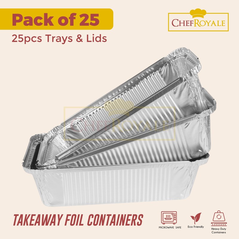 CHEF ROYALE 25 x Aluminium Foil Containers with Lids -