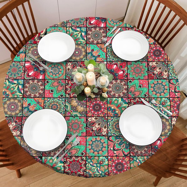 Boho 48 Inch Round Fitted Vinyl Tablecloth with Elastic Edged,