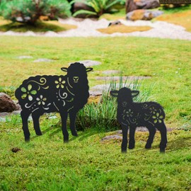 WADORN 2 Styles Sheep Metal Decorative Garden Stakes, Funny Sheep Flowers Metal Silhouette Statues Animal Garden Ornament Gifts Black Yard Art Decoration for Outdoor Backyard Patio Lawn Walkways