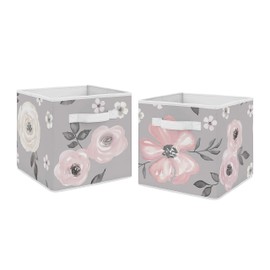 Sweet Jojo Designs Grey Watercolor Floral Foldable Fabric Storage Cube Bins Boxes Organizer Toys Kids Baby Childrens - Set of 2 - Blush Pink Gray and White Shabby Chic Rose Flower Farmhouse