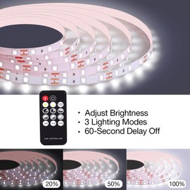 PIZHLO White LED Strip Lights, Upgraded 33ft Dimmable Light Strip with Remote 6500K Bright White Light, 600 LEDs Flexible Lights with Strong Adhesive for Bedroom, Mirror, Kitchen Under Cabinet Decor