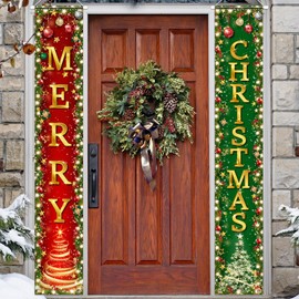 Christmas Decorations - Merry Christmas Door Banner Winter Xmas Front Door Porch Sign Red and Green Xmas Hanging Door Banner for Winter Holiday,Christmas Party Supplies