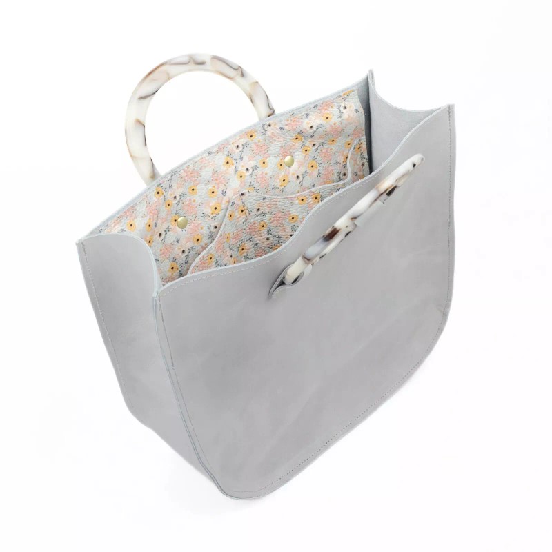 Designed for Joy Leather Handbag With Circle Handles, Gray, Medium