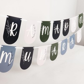 Green & White Ramadan Mubarak Banner Decorations - Bunting, Flags Hanging Decor for Home, Domes, Lanterns, Moon