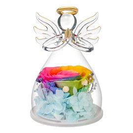 Preserved Flower Rose Gifts in Glass Angel Figurines,Valentines Day Gifts for Her,Birthday Gifts for Women,Angel Rose Gifts for Her,Mom Gifts from Daughter,Rainbow Real Rose Gifts for Grandma Wife