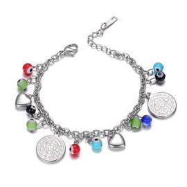 LZD Stainless Steel Charm Bracelet Evil Eye Beads Lobster San Benito Silver 7" Z39 (Silver)