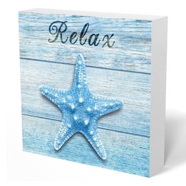 UNCDLV Relax Beach Signs Decor, Rustic Ocean Starfish Blue Wooden Box Sign for Coastal Beach House Bathroom Desk Shelf Decor, Decorations for Home Coastal, 5x5 Inch