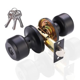 High-Security Stainless Steel Round Ball Door Handle - with Lock and Key, Suitable for Entrance, Front Door, and Bedroom,Black