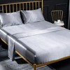 Fitted Sheet Plain Satin Shiny Bed Sheet 160 x 200 cm for Mattresses up to 35 cm Fitted Sheet Set 4-Piece with Bed Sheet, Fitted Sheet, 2 Pillowcases - Silver