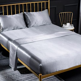 Fitted Sheet Plain Satin Shiny Bed Sheet 160 x 200 cm for Mattresses up to 35 cm Fitted Sheet Set 4-Piece with Bed Sheet, Fitted Sheet, 2 Pillowcases - Silver