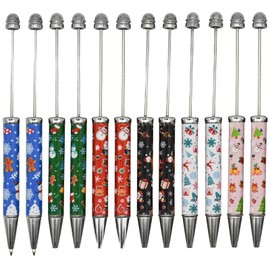 Maydahui 12 PCS Christmas Beadable Ballpoint Pens Retractable Bead Pen DIY Shaft Beaded Pens Santa Snowman Christmas Tree Snowflake Style Metal Black Ink for DIY Making School Party Office