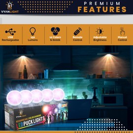 VYANLIGHT LED Puck Lights, Color Changing Rechargeable Light with Remote, 16 Colors RGB Dimmable Lighting, Battery Powered Tap Light for Under Counter, Closet, Wardrobe, Locker, Magnetic Light, 6 Pack