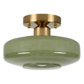 HUAWIYA Gold Ceiling Light,10.24 inch,Olive Green Milk Glass Shade, Semi Flush Mount Light Fixture for Hallway, Entryway, Laundry Room