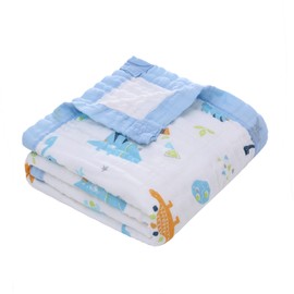 Muslin Baby Blanket for Babies 6-Layer Children's Cotton Blanket Soft Breathable Swaddle Blanket Wrap Blanket Girls Boys 110 x 110 cm (Blue Edge Dinosaur)