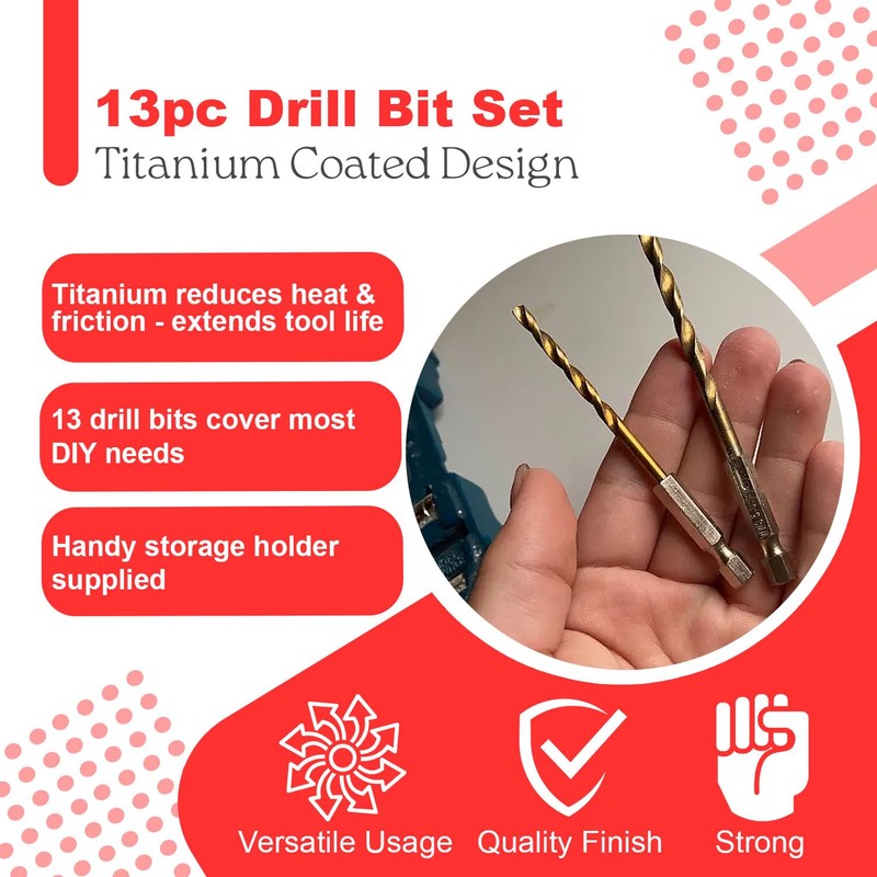 13 Titanium Coated Drill Bit Set - 1/4" Hex Shafts,