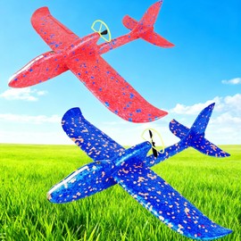 HSRBO 2 Pack Electric Foam Airplane Toy,Throwing Whirly Gliders Plaything Aeroplane with USB Charging and LED Glowing Outdoor Airplane Toys with Engine (Red and Blue)
