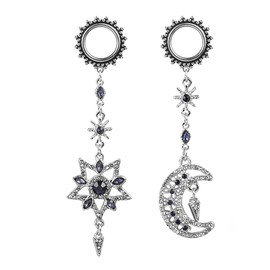 Casvort 2 PCS 22mm (7/8‘’) Hypoallergenic 316 Stainless Steel Beautiful Asymmetrical Silver Moon Star Dangle Ear Plugs Tunnels Gauges Body Jewelry for Wedding