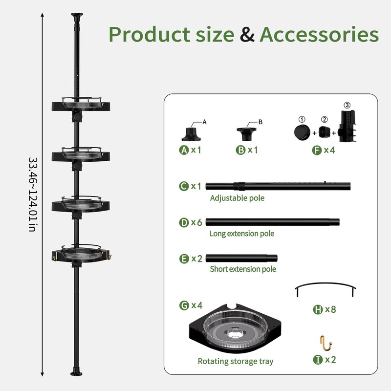 YCIA&DONE 360° Rotating Corner Shower Caddy Tension Pole, Black