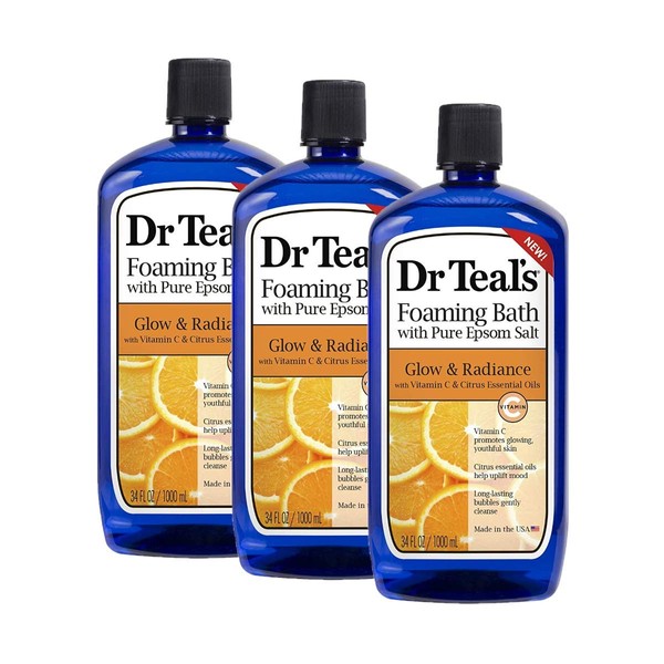 Dr. Teal's Vitamin C & Citrus Pure Epsom Salt Foaming Bath Gift Set (3 Pack, 34 oz ea.) - Glow & Radiance Essential Oils Uplifts Your Mood & Promotes Youthful Looking Skin - Long Lasting Bubbles