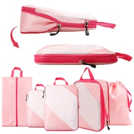 AiQInu Packing Cubes Compression, Pack of 5 Packing Bags, Compression Suitcase Organiser Set with Laundry Bag and Shoe Bag, Ultralight, Expandable, Travel Pack Organiser for Hand Luggage (Pink)