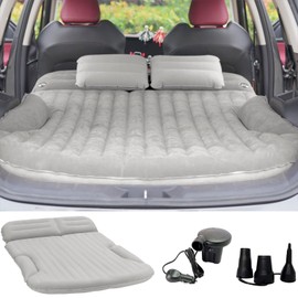 KMZ SUV Air Mattress Thickened and Double-Sided Flocking Travel Camping Bed with 2 Pillows & Electric Pump Dedicated Mobile Cushion Inflatable Bed for SUV Trunk and Rear Seat (Light Gray)