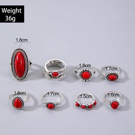8Pcs Boho Vintage Turquoise Rings Set for Women, Unique Retro Oval Dome White Crystal Stone Knuckle Finger Ring Western Cowgirl Party Jewelry Gifts (Red)