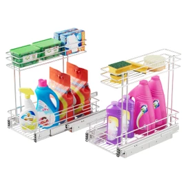 STORKING Under Sink Organizer 9" W X17 D, Pull Out Cabinet Organizer 2 Tier, Under Sink Slide Out Chrome Plated, Under Kitchen Bathroom Sink Organizer, Pantry Cabinet Closet Organization Rack, 2 Pack