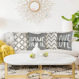 YCOLL Cushion Covers, Set of 4, Linen, Decorative, Geometric Pattern, Cushion Covers for Sofa, Bedroom, Couch, Outdoor Cushions, 45 x 45 cm, Light Grey