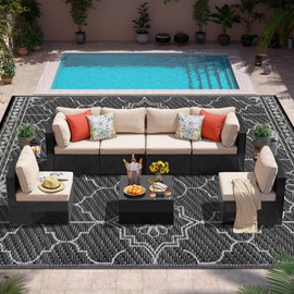 Outdoor Rug 10x14Ft, Waterproof Outdoor Patio Rug for House Deck Reversible Plastic Straw Mat for RV Camping Picnic Beach Balcony (Black Gray)