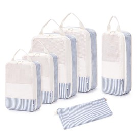 Narwey 6 Set Compression Packing Cubes for Suitcases and Backpack, Travel Suitcase Organiser Packing Storage Bags Shoes Bags for Carry on Hand Luggage Travel Essentials Bag (Greyish Blue Stripe)