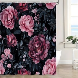 KDYDK Black Floral Shower Curtain Vintage Boho Retro Rose Peony Botanical Rustic Flower Leaves Watercolor Spring Plant Decor Bathroom Curtain Set with Hook