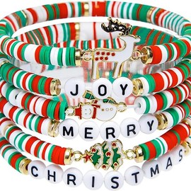 JINJIASC 6pcs Christmas Bracelets, Stackable Xmas Bracelets Reindeer Snowmen Xmas Bracelets for Womens Gifts (Green)