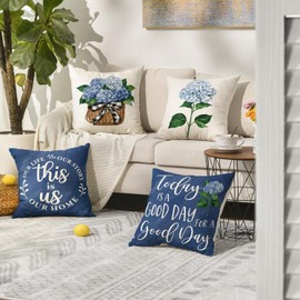 AVOIN colorlife AVOIN colorlife Blue Hydrangea Spring Summer Throw Pillow Covers, 16 x 16 Inch Today is A Good Day Dark Blue Cushion Case Decoration for Sofa Couch Set of 4