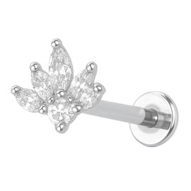 KIWI DAISY Lotus Marquise CZ Threadless Labret Stud, 18GA Surgical Steel Flat Back Earring, Push-In Cartilage Monroe Lip Tragus Jewelry, Tiny Threaded Flat Back Post, (1 Piece)
