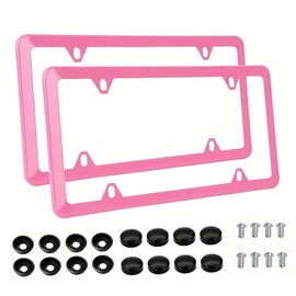 Fashion 4 Holes Super Slim Matte Pink License Plate Frames,Stainless Steel License Plate Covers,Weather Proof License Plate Holder for Women(Super Slim Pink,2PCS)