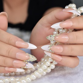 LINSSQ Long Press on Nails Nude White False Nails Salon Manicure Kits Reusable Fake Finger Nails UV Gel Nail Art Tips for Daily Office Party