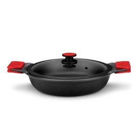 BRA COOKWARE Infinity Low Casserole w/Glass Lid | 11 inches - 2.95 quarts Non-Stick Cast Aluminum Premium Casserole | All Heat Sources Compatible | PFAS Free Shallow Pot | Removable Silicone Handles