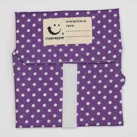 the Wrapper, Re Wrap It Sandwich Bags, Purple with White Dots, No Waste Packaging, Eco Friendly, Reusable Food Wraps. Made In Scotland.