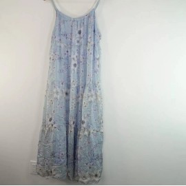 Elena Baldi SunDress Women Blue Floral Silk Blend Rope Straps Italy Lined Large
