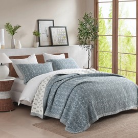 SahSahCasa Quilt Set Queen Size, 100% Cotton Quilt Bedding Set Bedspread, Botanical Pattern Solid Color Chic Lightweight Quilted Comforter for Queen Bed, White/Grayish-Blue, All Season, 3 Pieces
