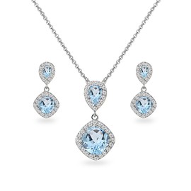 B. BRILLIANT Sterling Silver Blue Topaz & White Topaz Drop Dangle Earrings & Necklace Jewelry Set for Women Bridesmaids